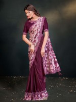 Plum Crepe Satin Silk Ready To Wear Saree